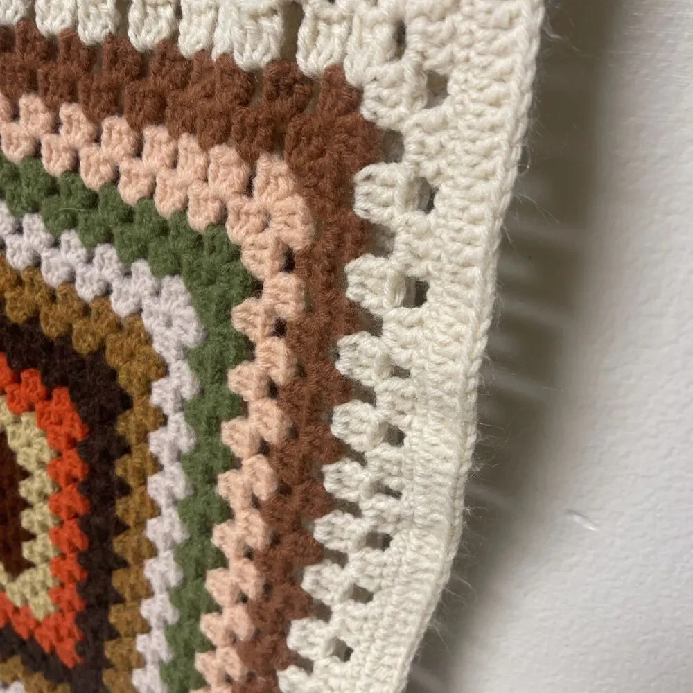 LARGE Granny Square Hand-Crochet Blanket Cream Pink Brown Sage 88x67 inches